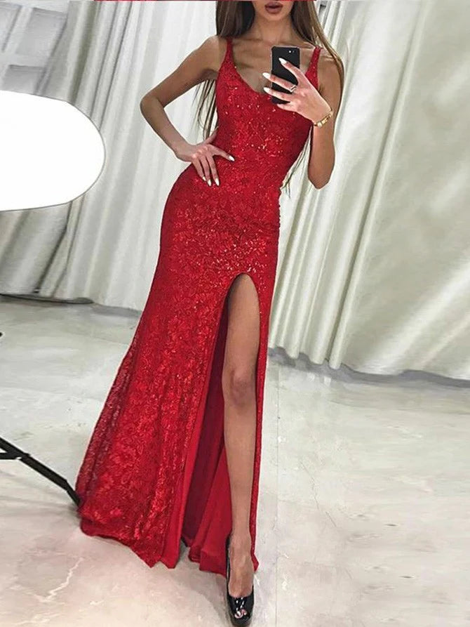 Luolandi Shimmering Sequined Sheath Prom Dresses With Split Sexy Evening Dress Party Dress Formal Dress